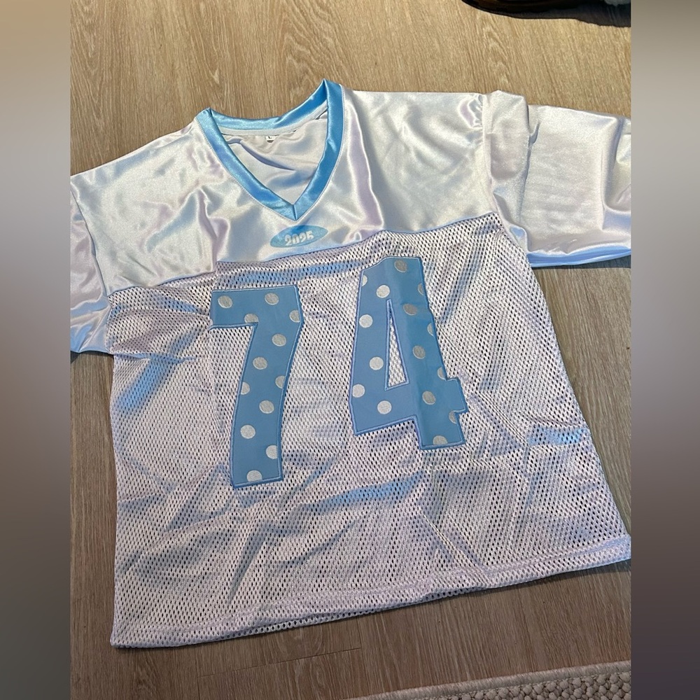 Blue and White Mesh Jersey with Polka Dots